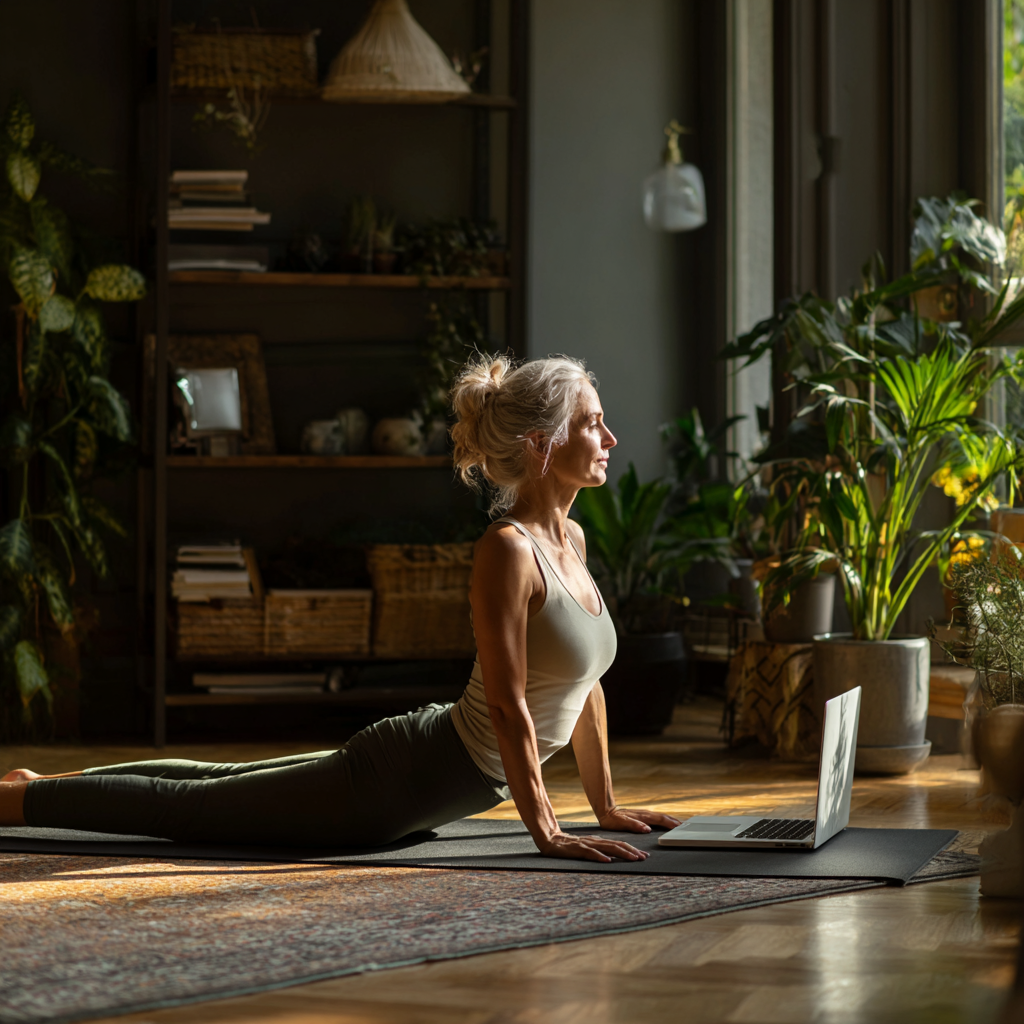 Жінка 52 років виконує асану вдома перед ноутбуком, бере участь в онлайн занятті йогою в затишній кімнаті з рослинами