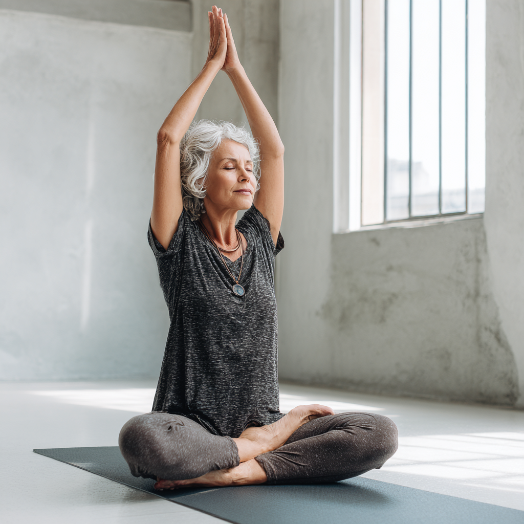 Жінка 55 років виконує легкі асани йоги на килимку в світлій студії, демонструючи правильну техніку для новачків